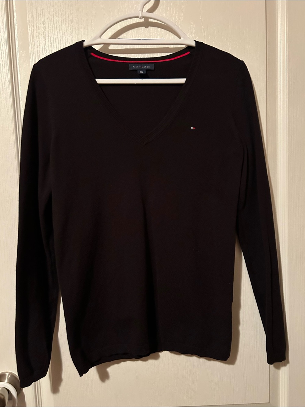 NWOT Tommy Hilfiger Women’s Black V-Neck Sweater with Signature Flag